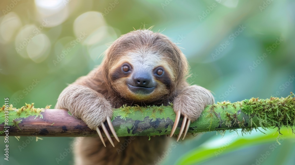 Fototapeta premium A brown-and-white sloth sits atop a moss-covered tree branch