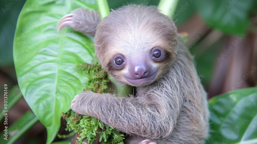 Obraz premium A baby sloth atop a verdant, leafy plant, near another