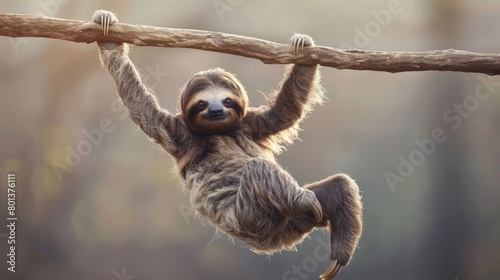   A sloth grips a tree branch with its front feet, positioning its hind legs backward Its face is turned to the side photo