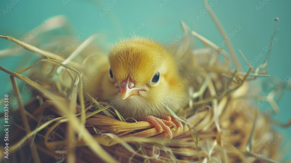   A tight shot of a small yellow bird in its nest, surrounded by grass in the foreground, and a clear blue sky overhead