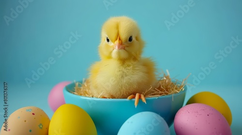  A small yellow chick sits in a blue bowl, surrounded by colored eggs against a blue background and backdrop