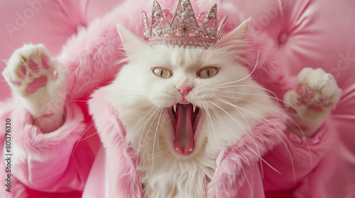 A white fluffy cat wearing a sparkling pink crown and fur coat, yawns widely against a pink background.