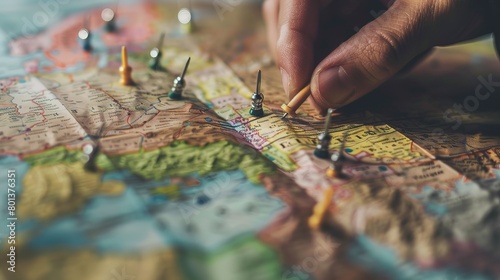 Securing pins onto a map surface. photo