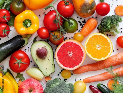A vibrant and colorful array of fresh vegetables and fruits, showcasing a healthy variety of tomatoes, peppers, avocados, and citrus, perfect for nutritious meals