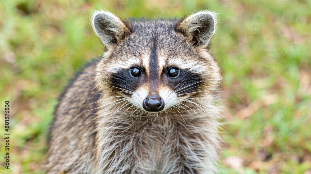   A tight shot of a raccoon against a backdrop of blurred grass, the animal itself sharp and focused on the foreground