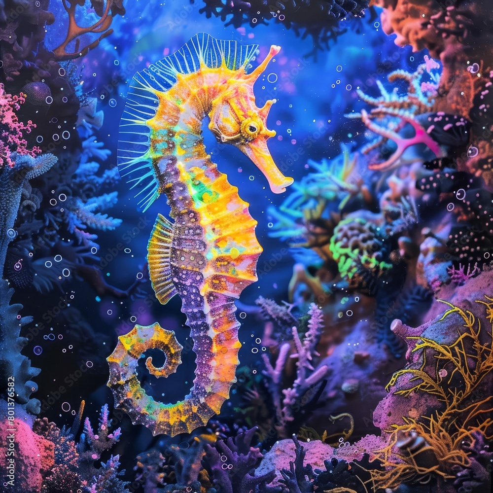 A painting of a seahorse among corals and marine life in a vibrant blue, purple, and yellow palette A painting of a seahorse among corals and marine life in a vibrant blue, purple, and yellow palette