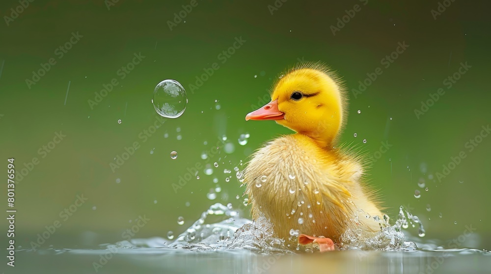 A yellow duckling swims in the water, surrounded by a bubble of water in the foreground, against a backdrop of lush green vegetation A yellow duckling swims in the water, surrounded by a bubble of water in the foreground, against a backdrop of lush green vegetation