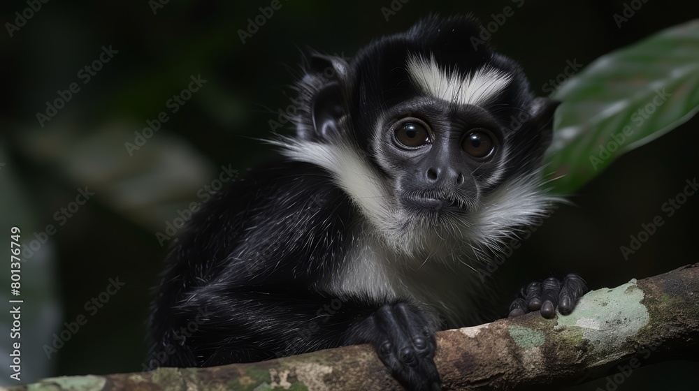   A monkey, its fur contrasting against the tree bark, sits atop a branch A leaf obstructs its face