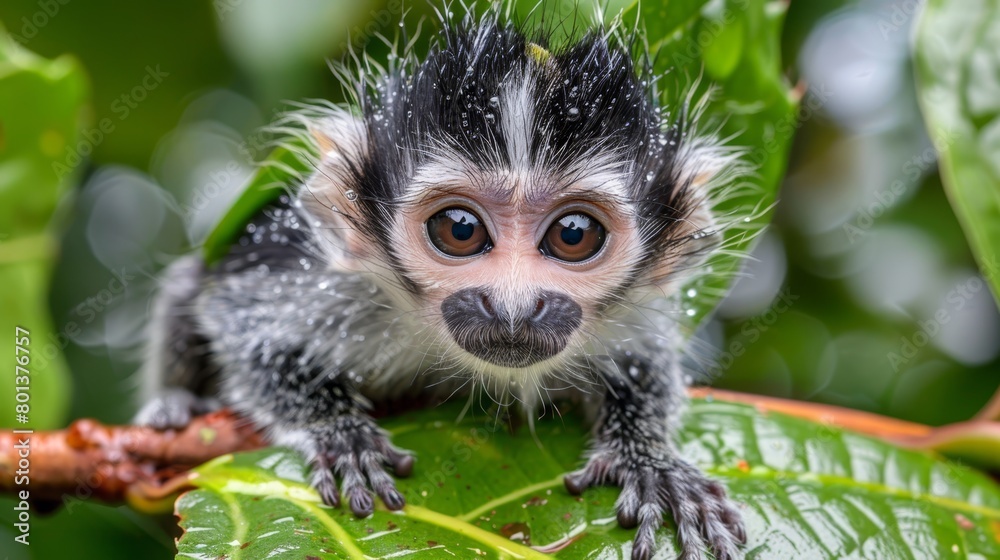   A tight shot of a monkey perched on a tree branch, surrounded by leaves and with droplets of water cascading down its face