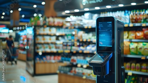 advancements in retail technology with a high-resolution image of an AI-powered checkout system, showcasing how embedded AI streamlines the shopping experience and improves inventory management. photo