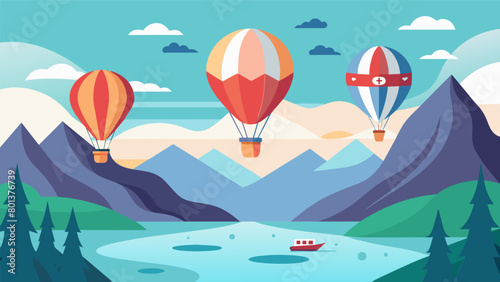 A peaceful sight of hot air balloons gently gliding across a serene lake each one carrying a flag to commemorate the countrys independence.. Vector illustration