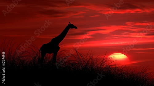  A giraffe atop a verdant field, beneath a radiant red sky, with the sun distantly setting photo