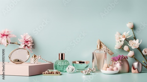 Luxury Perfume Bottles, Jewelry, and Makeup Accessories with Pink Flowers on Elegant Pastel Background for Beauty and Fashion Concept