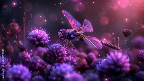   A dragonfly soars above a field of purple flowers  their sparks gleaming in the background