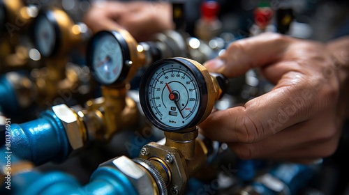 A hand adjusting the pressure on a pressure gauge. photo