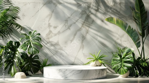 White marble podium with tropical leaves for product presentation. photo