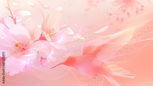  Digital painting of a hummingbird flying with pink flowers on its back and white petals on its wings (Ensure the flowers contrast well with the bird's body, while the white