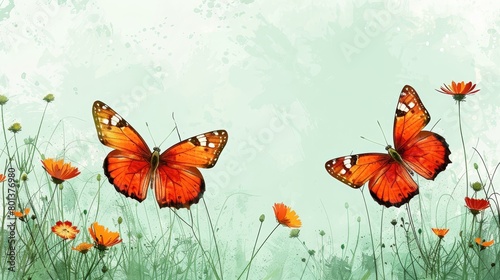   Two orange butterflies soar above an orange flower field against a backdrop of verdant greenery, accentuated by watercolor splashes © Jevjenijs