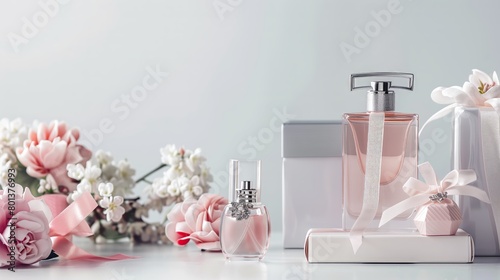 Elegant Pink Perfume Bottles with Gift Boxes and Roses on Soft Pastel Background, Luxury Fragrance and Feminine Beauty Concept