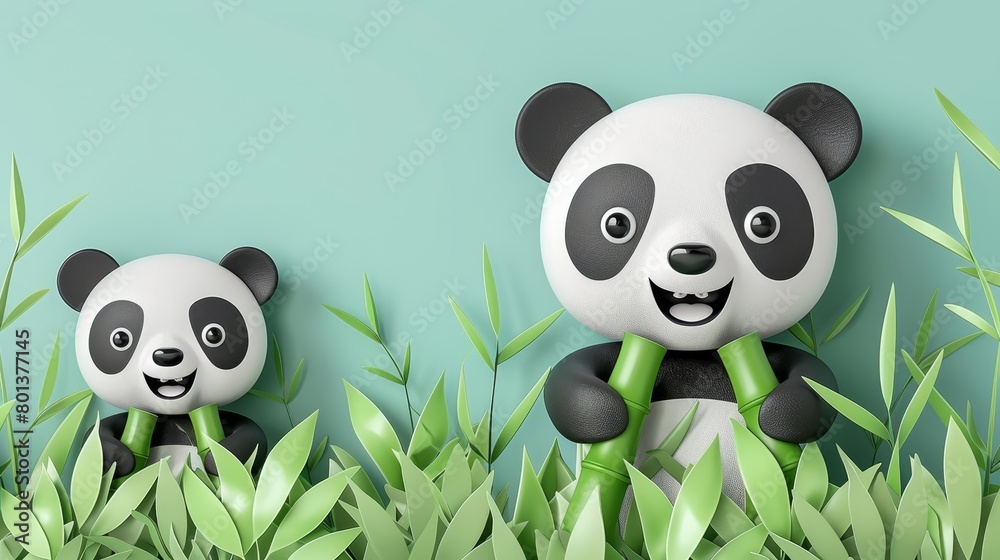   Two pandas seated side by side on a verdant grass expanse, surrounded by bamboo leaves