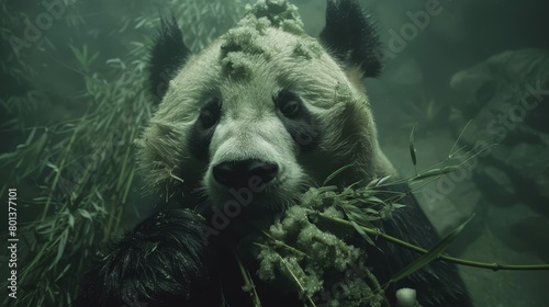  A close-up of a panda bear in a grassy field, head at ease on a tree branch