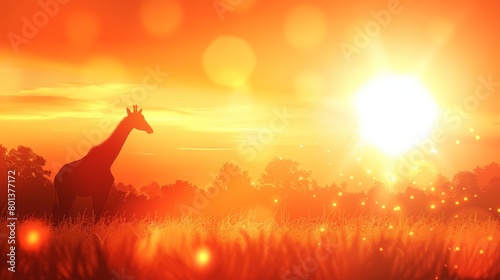  A giraffe silhouetted against the sunset  standing in a field Trees in the foreground