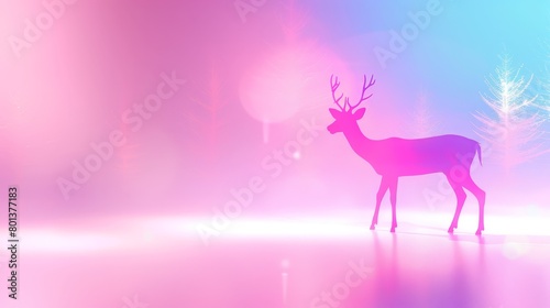   A deer silhouette against a pink-blue background  adorned with foreground snowflakes