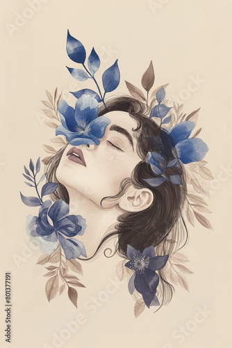 linda mulher com flores azuis - Ilustração minimalista em aquarela 