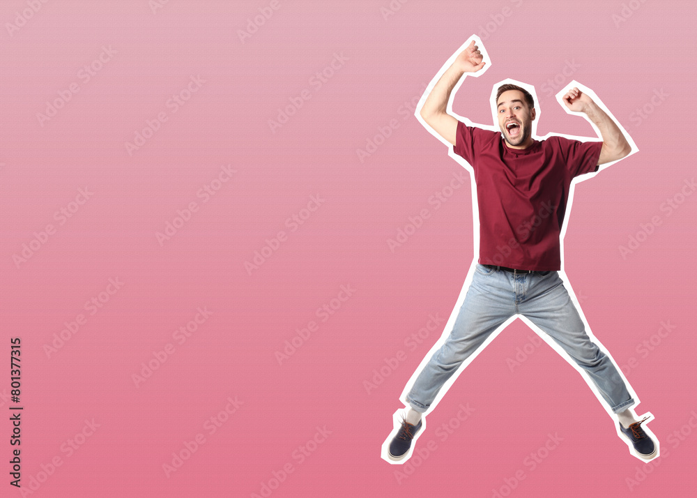 Pop art poster. Happy handsome man jumping on red gradient background with hearts, pin up style Pop art poster. Happy handsome man jumping on red gradient background with hearts, pin up style