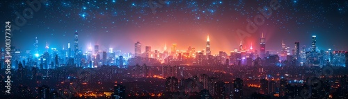 A beautiful painting of a futuristic city at night with bright lights and a starry sky. photo