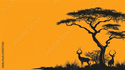   A pair of antelope near a tree on a grassy hilltop amidst a yellow sky
