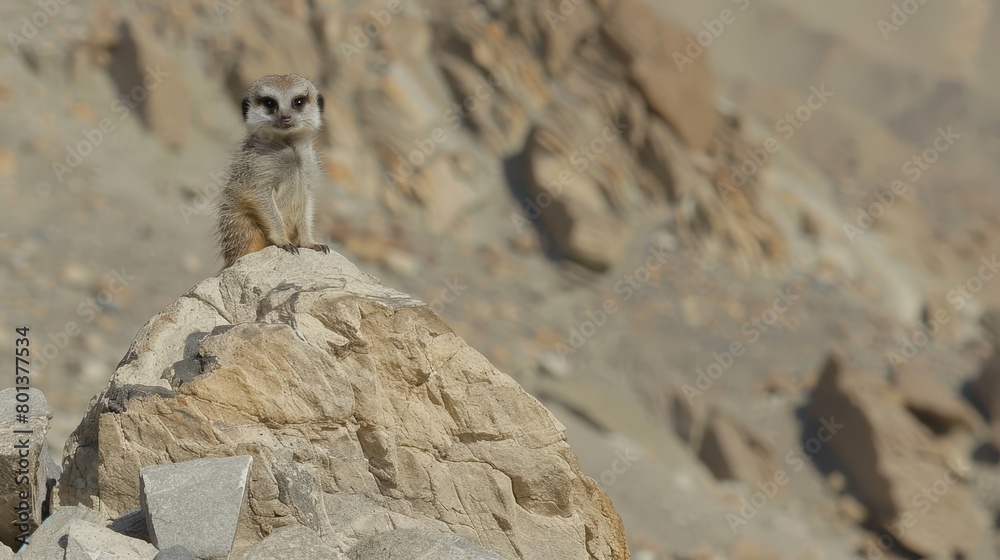 A meerkat perched atop a desert rock, gazing at a distant mountain backdrop A meerkat perched atop a desert rock, gazing at a distant mountain backdrop
