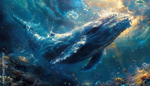 A blue whale swims through a coral reef. photo