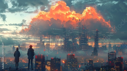 A boy and a girl standing on a rooftop overlooking a futuristic city with a large glowing cloud in the background.