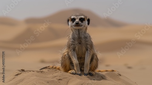  A meerkat sits atop a sandy dune, desert backdrop, mountains in distance