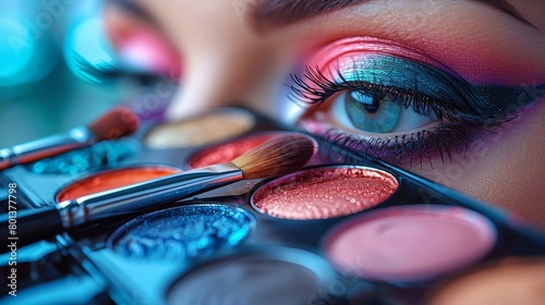 A close up of a woman's eye with blue eyeshadow and fake lashes. The woman is looking at a makeup palette. photo