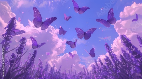   A group of purple butterflies flies above a lavender field, with lavender flowers in the foreground photo