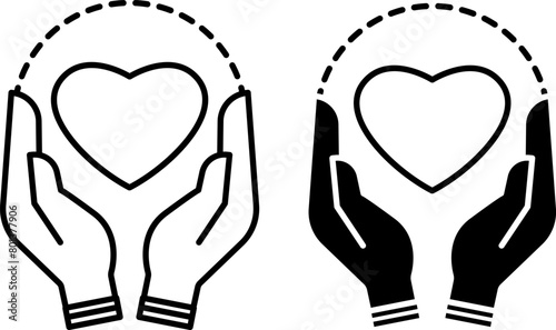 Self Care Routine Icons. Black and White Vector Icons of Heart in Human Hands. Spa Treatments, Body Care, Healthy Eating, Mental Health. Positive Thinking Concept