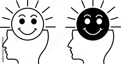Positive Thinking Icons. Black and White Vector Icons. Human Head and Smiling Sun. Positive Thoughts, Peace, and Mental Balance. Psychology