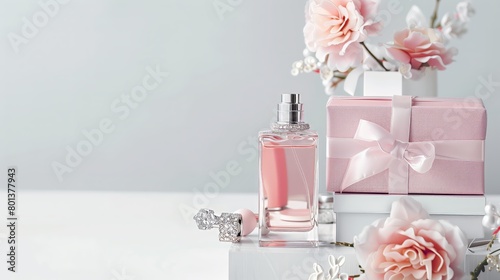 Pink Perfume Bottle with Gift Boxes and Blossoms on Light Background, Luxury Fragrance and Elegant Feminine Beauty Concept