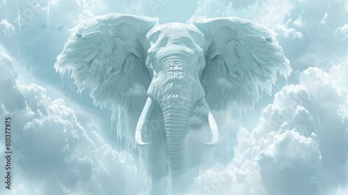  An elephant, with tusks curved upward, forms a head shape within the clouds