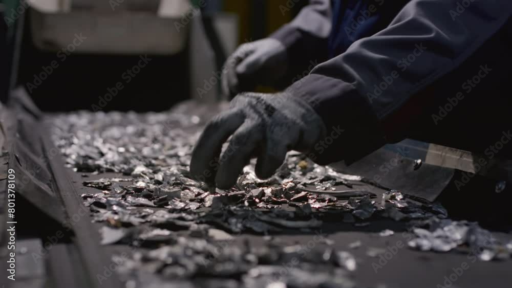Worker sorts trash on conveyor belt at waste recycling plant. Metal pieces falling into a box from recycling processing machine. Man sorts pieces of metal, iron or steel with his hands