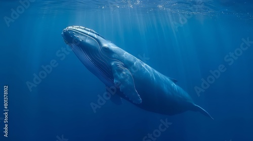  A humpback whale swims beneath the water's surface in a blue ocean, sunlight filtering through
