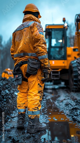 A construction worker wearing a hard hat and reflective safety vest stands in a muddy trench, holding a sledgehammer. In the background, a large backhoe is parked.