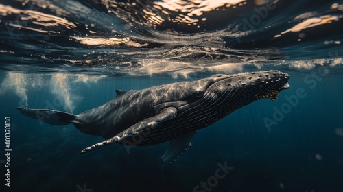  A humpback whale swims below the water surface in this underwater humpback whale photograph