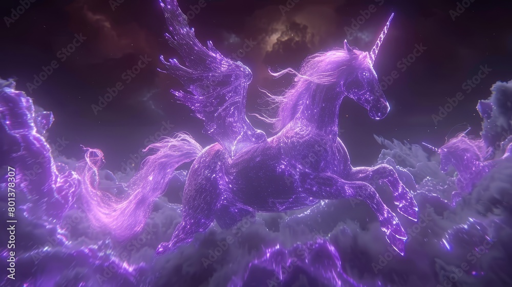 A unicorn, purple in hue, stands on its hind legs before a vividly purple sky Clouds drift above, and a round, full moon gleams within the backdrop A unicorn, purple in hue, stands on its hind legs before a vividly purple sky Clouds drift above, and a round, full moon gleams within the backdrop