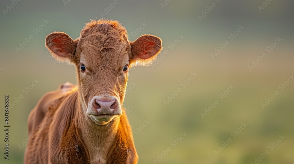 A brown cow gazes at the camera, foreground filled with grass; background softly blurred A brown cow gazes at the camera, foreground filled with grass; background softly blurred