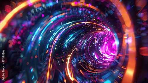 Capture the essence of chaos and order in a swirling vortex of metallic hues Enhance the depth with reflections of digital glitches and neon streaks against a matte black backdrop