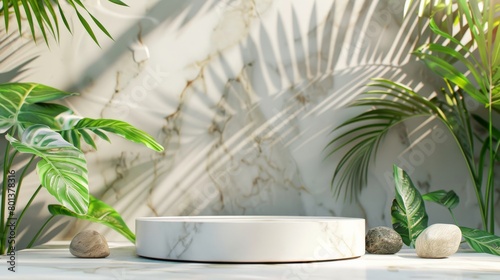 White marble podium with palm leaves and rocks on marble background. photo