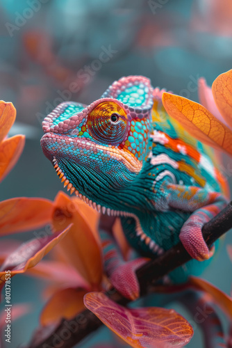 A close-up of a colorful chameleon perched on a tropical branch, © Oleksandr